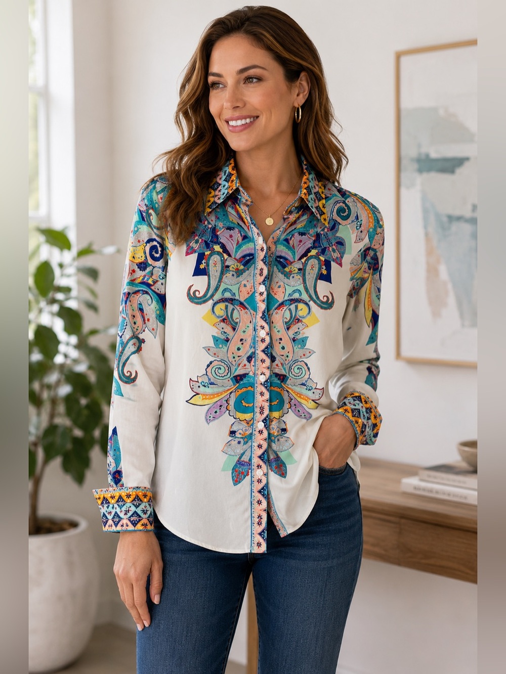Robert Graham Paisley Silk Blend Button Front Shirt Women’s XS Art Print